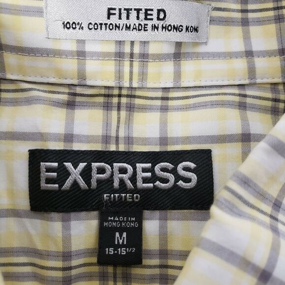 Express Mens Shirt Size Medium 15-15.5 Fitted Yellow Plaid Button Front Pockets - Picture 8 of 10